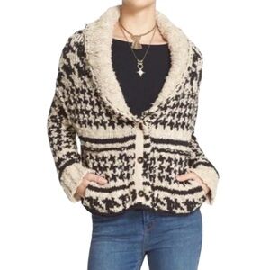 Free People Black Tan Houndstooth Girls Will Be Boys Shawl Collar Cardigan Small